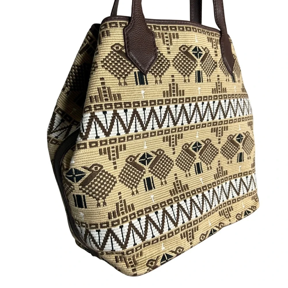 Isabella Fiore Woven Tapestry Leather Tote Bag Brown Tan Rattan Bird BOHO NEW